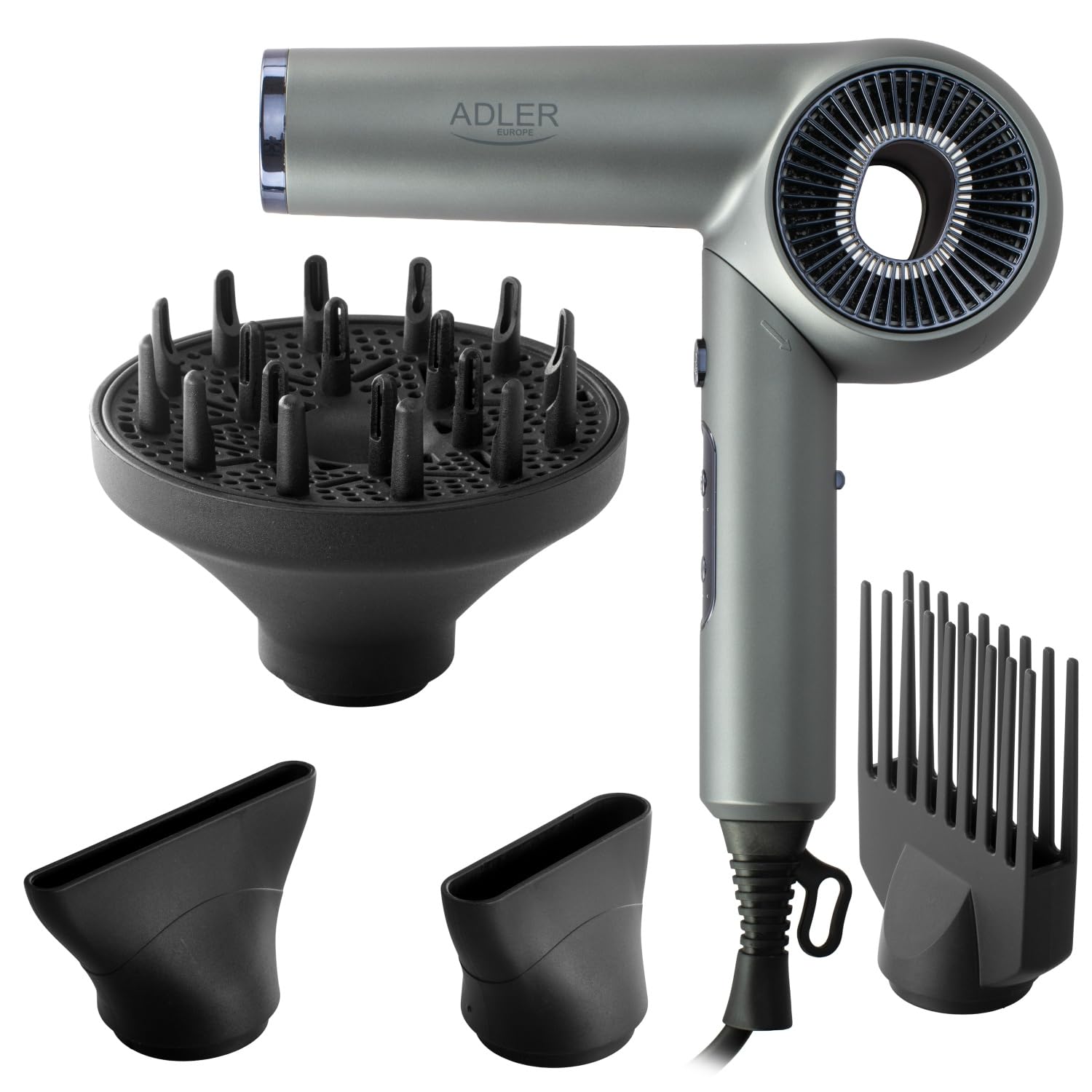ADLER EUROPE Ionen-Haartrockner Klappbar - 1600W - 110.000 U/min Anti Frizz | Schnelltrocknung, Brushless-Motor - 3 Temperatur- und 3 Gebläsestufen - Kaltluft - Diffusor - 4 Stylingaufsätze