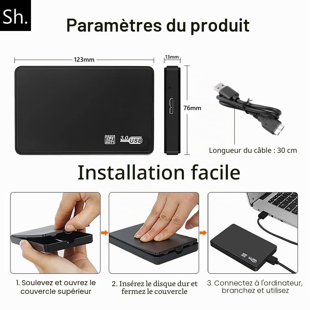 Boîtier Disque Dur Externe 2,5" SATA USB 3.0 HDD SSD Portable 5Gbps UASP Noir