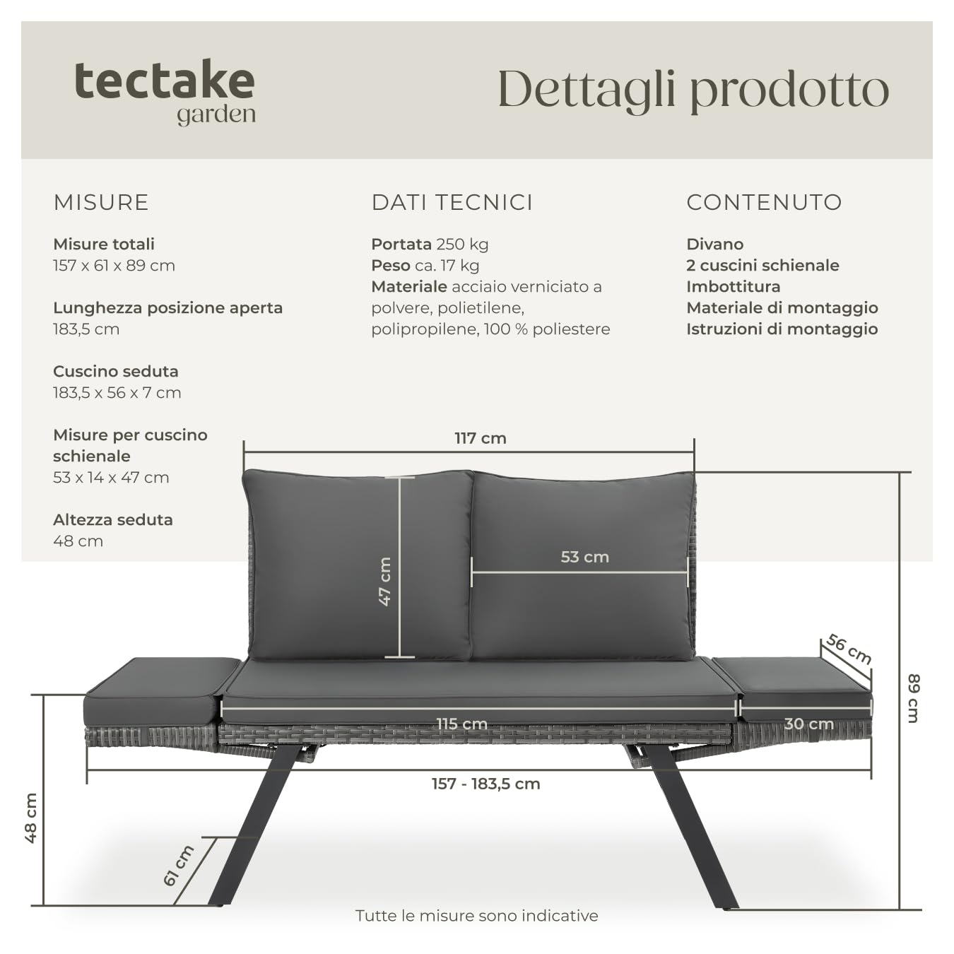tectake® Divano Lounge in Rattan, 2 in 1, Braccioli Pieghevoli, Cuscini Morbidi, Imbottitura Spessa, Sofà in Polyrattan Resistente, Fodere Idrorepellenti, Arredamento Esterno e Interno - Grigio