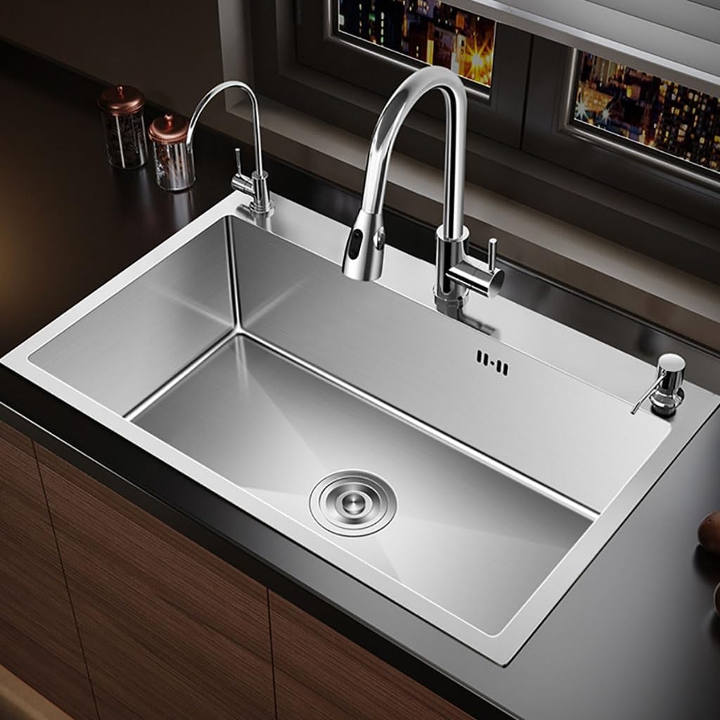 Silver Bar Sink with Pull Down Faucet, Stainless Steel Kitchen Sink Single Bowl Sink Topmount Undermount Handmade Kitchen Sink Rectangle Sink Workstation Kitchen Sink with Drain Tray Prep Sink ( Size