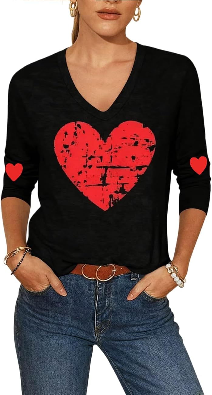 Women's Valentines Shirts V Neck 3/4 Length Sleeve Shirt Couple Love Heart Long Sleeve Tee Mother's Day Casual Top