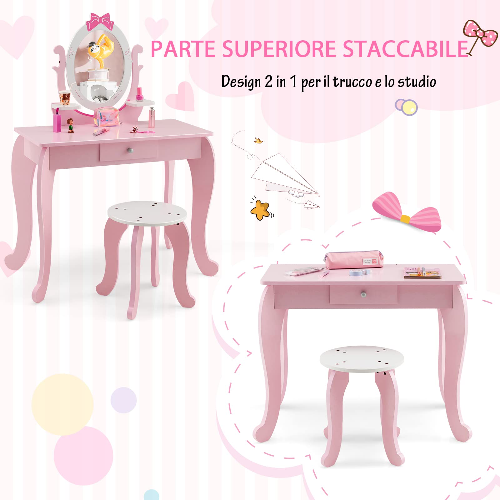 Toeletta Per Bambina COSTWAY 2 In 1 - Con Specchio, Sgabello E Cassetto, Legno, Rosa E Bianco, 70x34x101 Cm - Foto 4