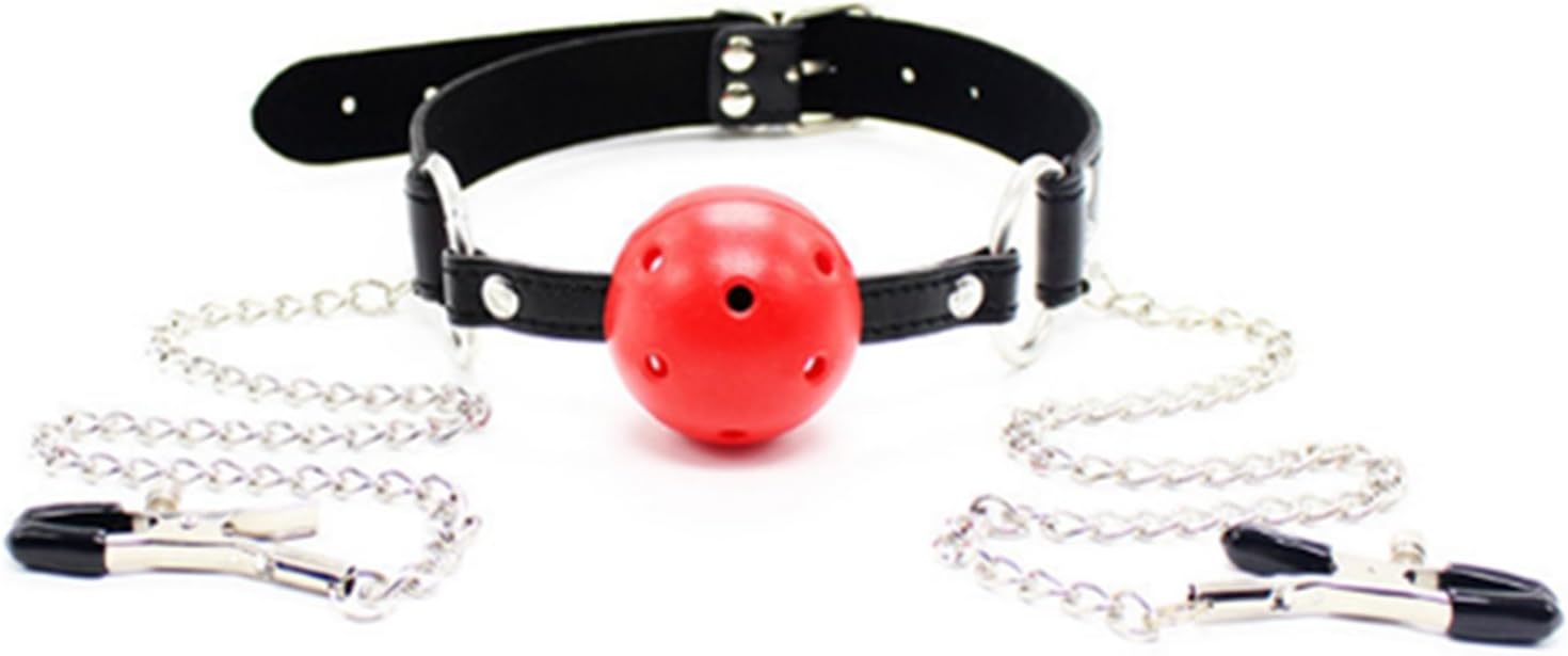 Red Plastic Port Ball Artificial Leather Breast Gag Mouth Plug