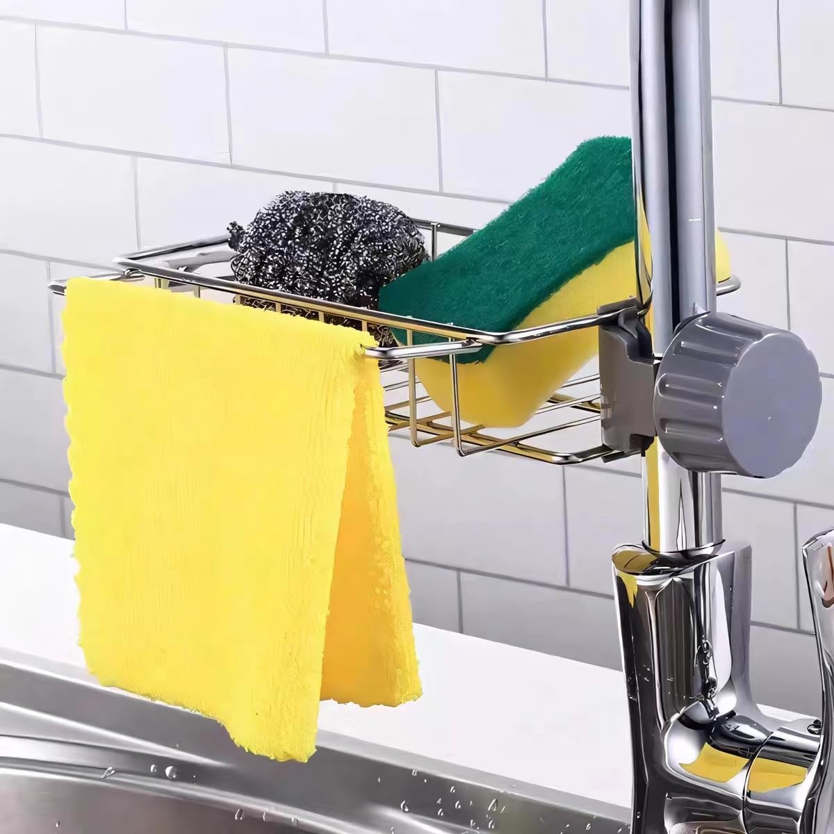 Soporte de esponja sobre el fregadero de la cocina, de acero inoxidable, desmontable para colgar grifo, organizador de drenaje para cocina y baño, soporte de esponja para fregadero 3