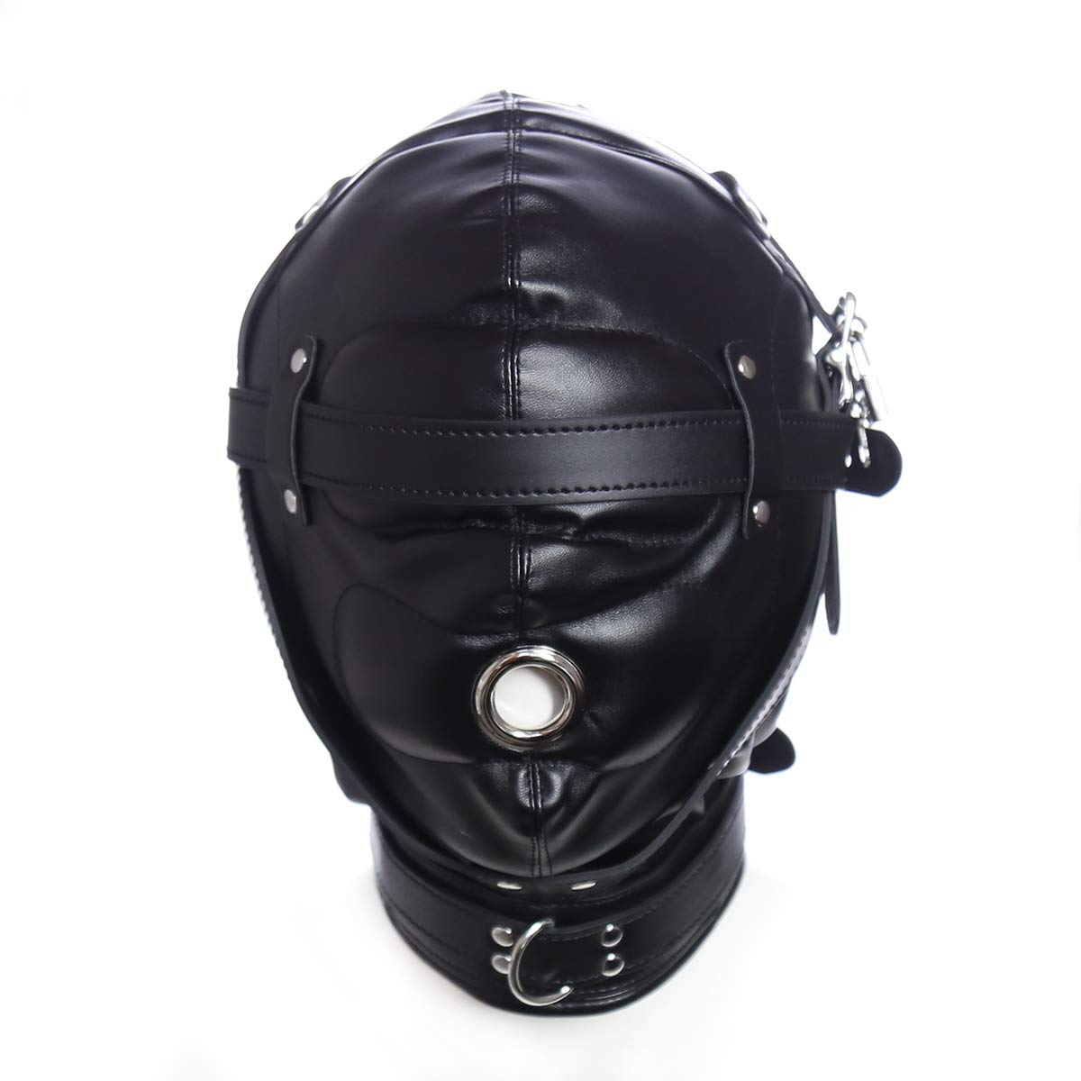 Noir Masque de tête unisexe Bondage Fétiche SM Cuir avec ouverture de bouche Cuir Tous les masques inclus Jouets sexuels Bandeau pour les yeux avec serrure pour les couples Cosplay Réglable Fétiche