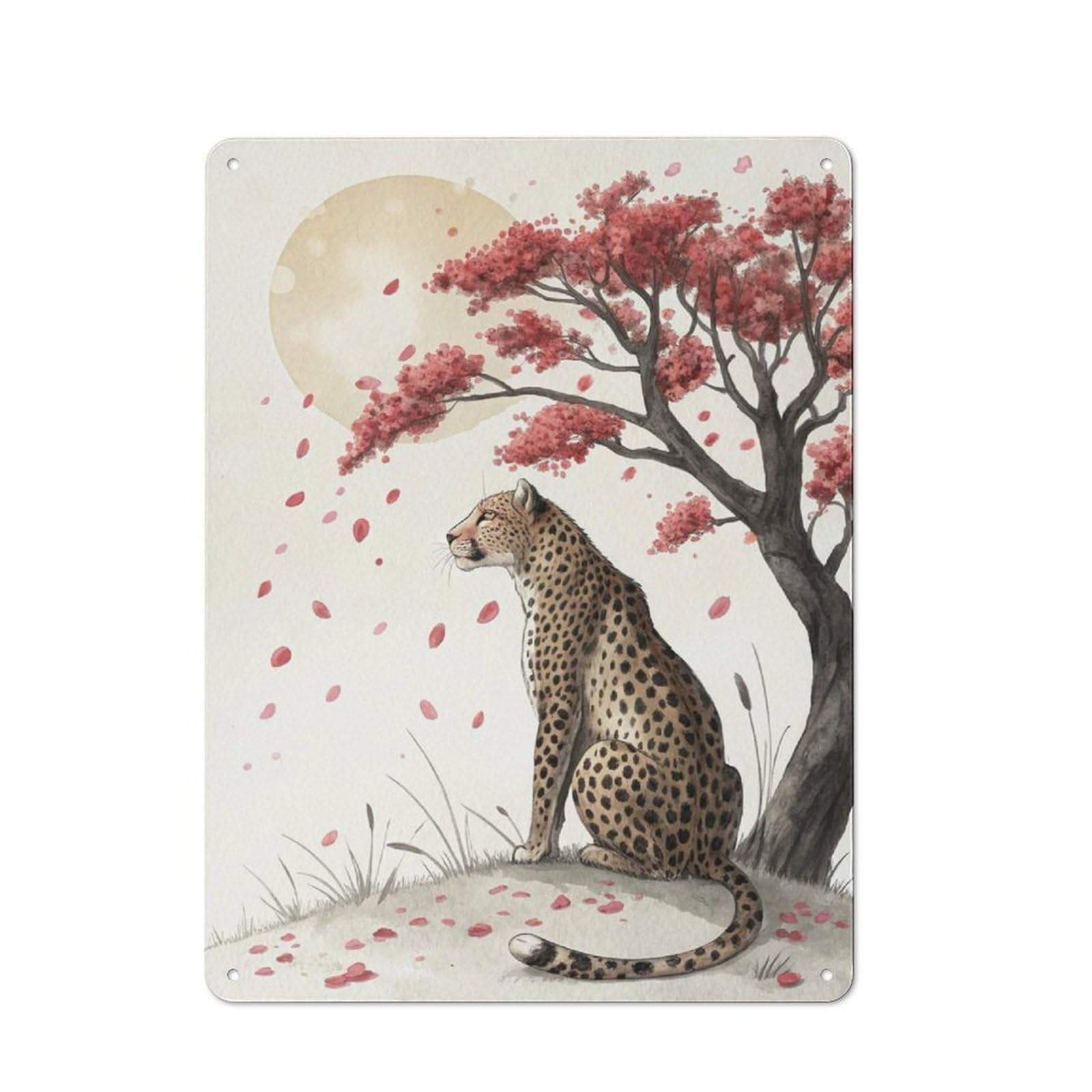 Junmoney Style-11 Cheetah Under A Cherry Blossom Tree Printed Metal Sign 40X30cm For Dining Room Or Kitchen, For Kitchen Wall Decor Lovers