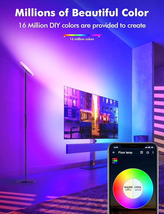 YHW YHW Smart RGB LED Floor Lamp Works with Alexa Google Home, WiFi Remote Modern Tall Standing Light, Super Bright 2000LM Color Changing & Dimmable Sky Torchiere for Living Room, Bedroom (Black) photo 3
