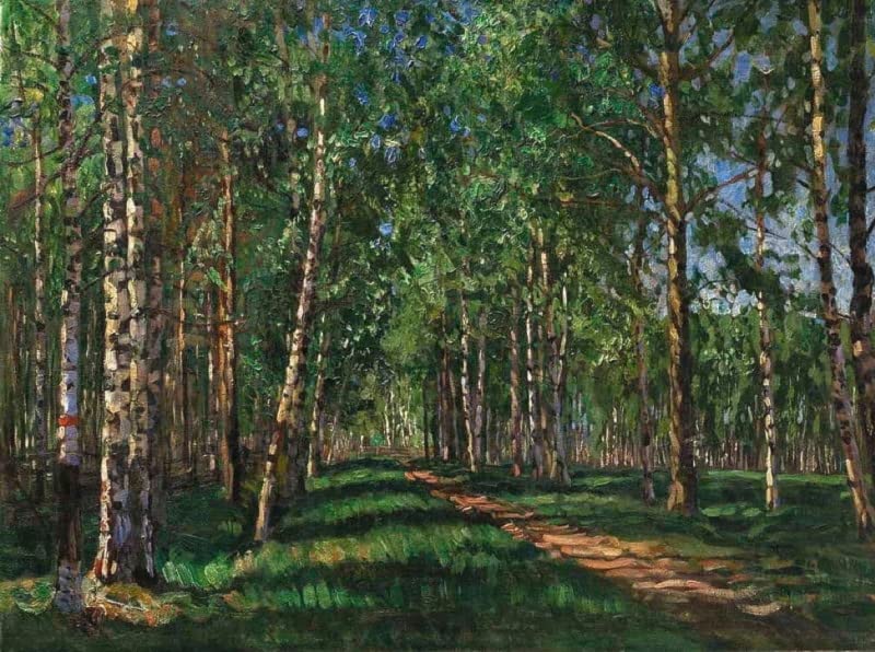 Peinture murale chemin de bouleaux pour illuminer un salon sombre 60x90