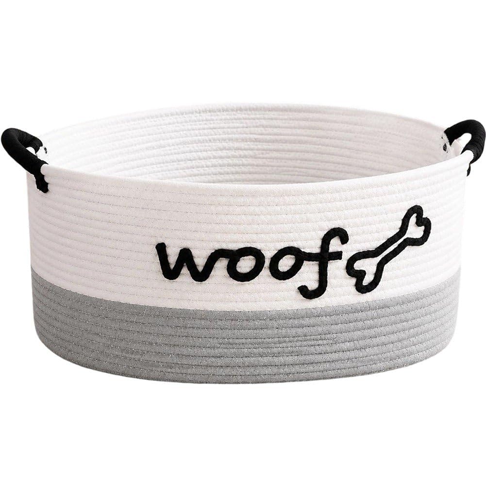 Sslvya Woven Toy Basket, Cotton Rope Dog Toy Storage Bin with Handles, Pet Toy Basket Modern Farmhouse Home Decor