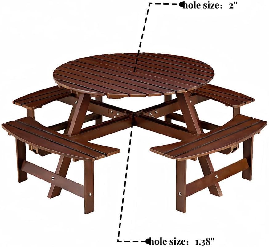Kids Picnic Table, 8 Person Outdoor Picnic Tables & Benches Set with Umbrella Hole and 4 Built-in BenchesOutside Table and Bench Set for Park, Garden, Backyard, Patio,Brown