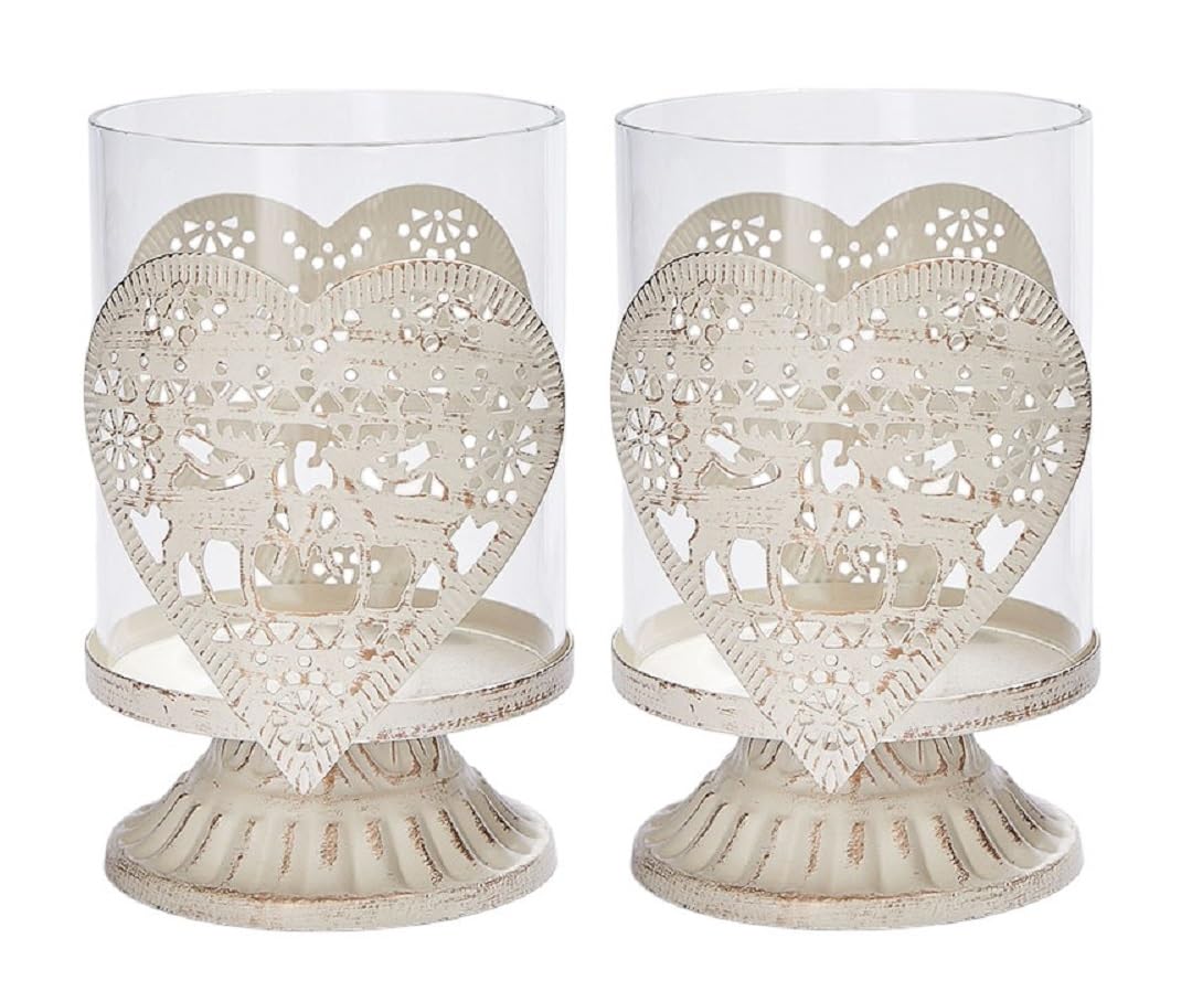 Vintage Candle Holders – Distressed Hurricane Pillar Candlesticks for Christmas Table, Mantel & Fireplace Decor – Available in 4 Designs, Set of 2 Metal Candle Holders - (Heart)