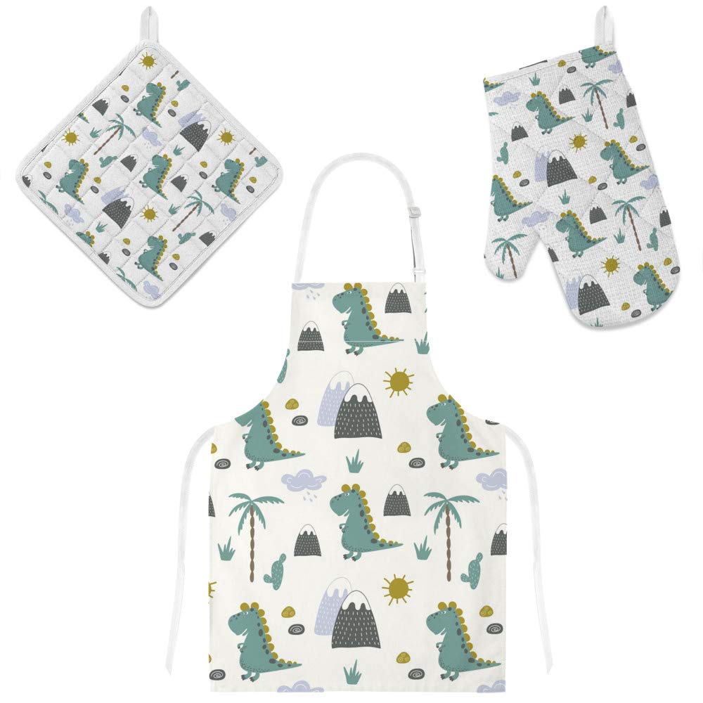 Tablier de cuisine dinosaures en tissu robuste avec gants isolants