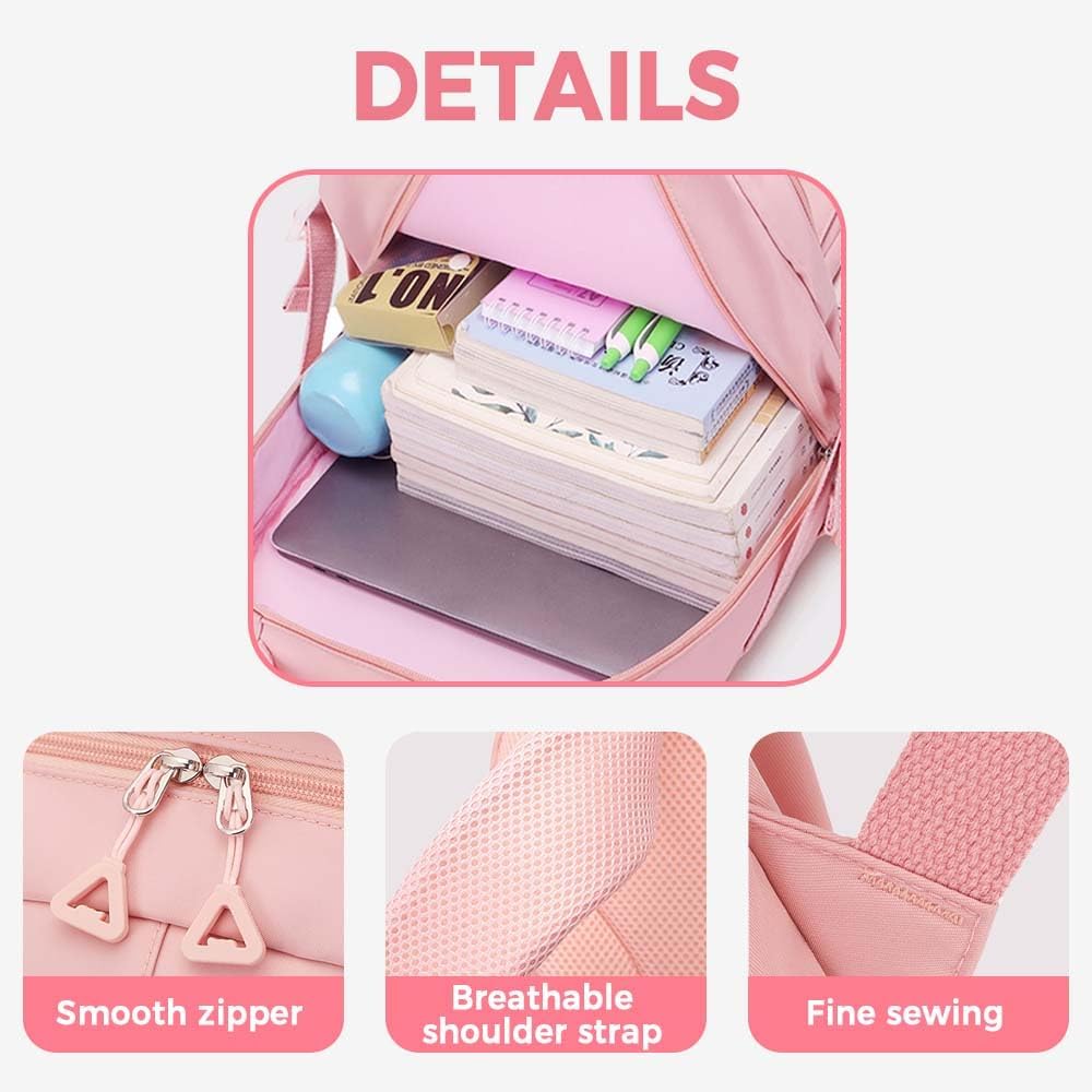 Cute Backpack for Kids Teen Girls Large Kawaii Aesthetic Elementary Middle School Student Bookbag Preppy Laptop Backpack for Ages 6-8 8-10 10-12 with Pin Accessories Plush Pendant, Beige