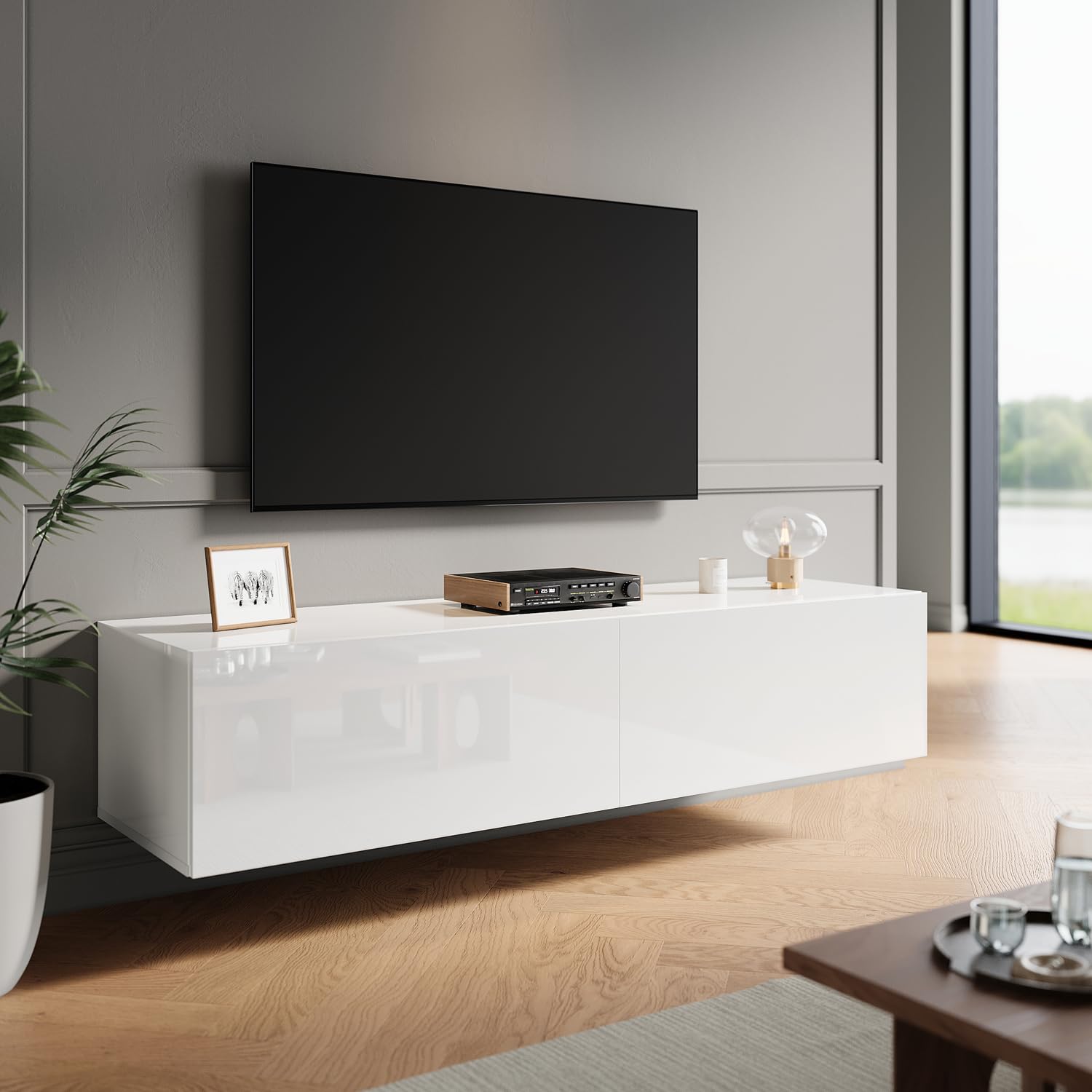 ZANOFIRA Floating TV Stand Cabinet Unit with Hinge LED Sensor Light, High Gloss White Wall Mounted TV Cabinet with Large Storage Shelves, Modern TV Cabinet for Living Room, 1000 x 400 x 300 mm