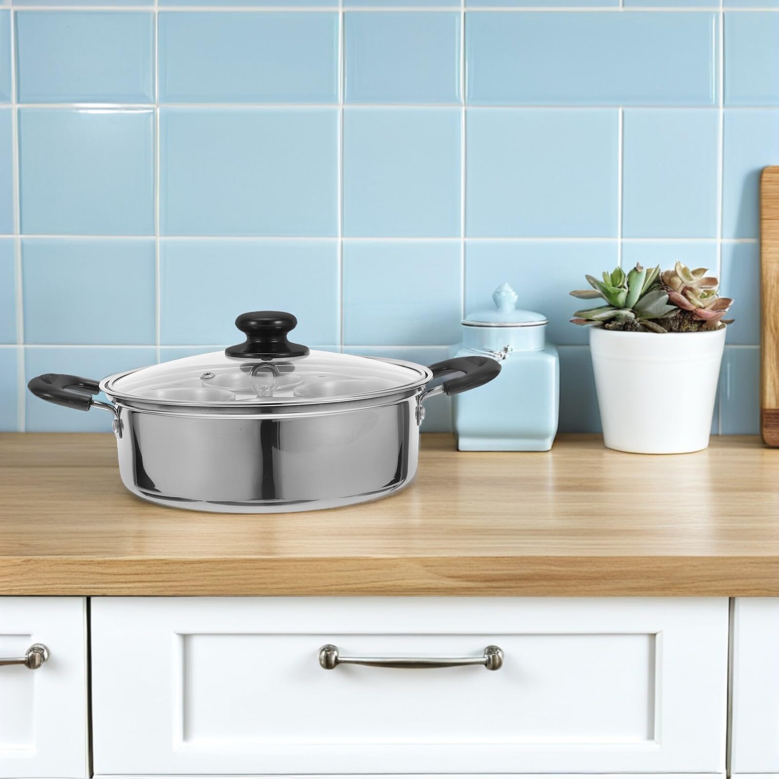 Vaporera para Huevos de Acero Inoxidable con 4 Cavidades Antiadherentes Cocedor al Vapor Multiusos para Huevos Escalfados Verduras y Mariscos Adecuado para Cocina Doméstica y