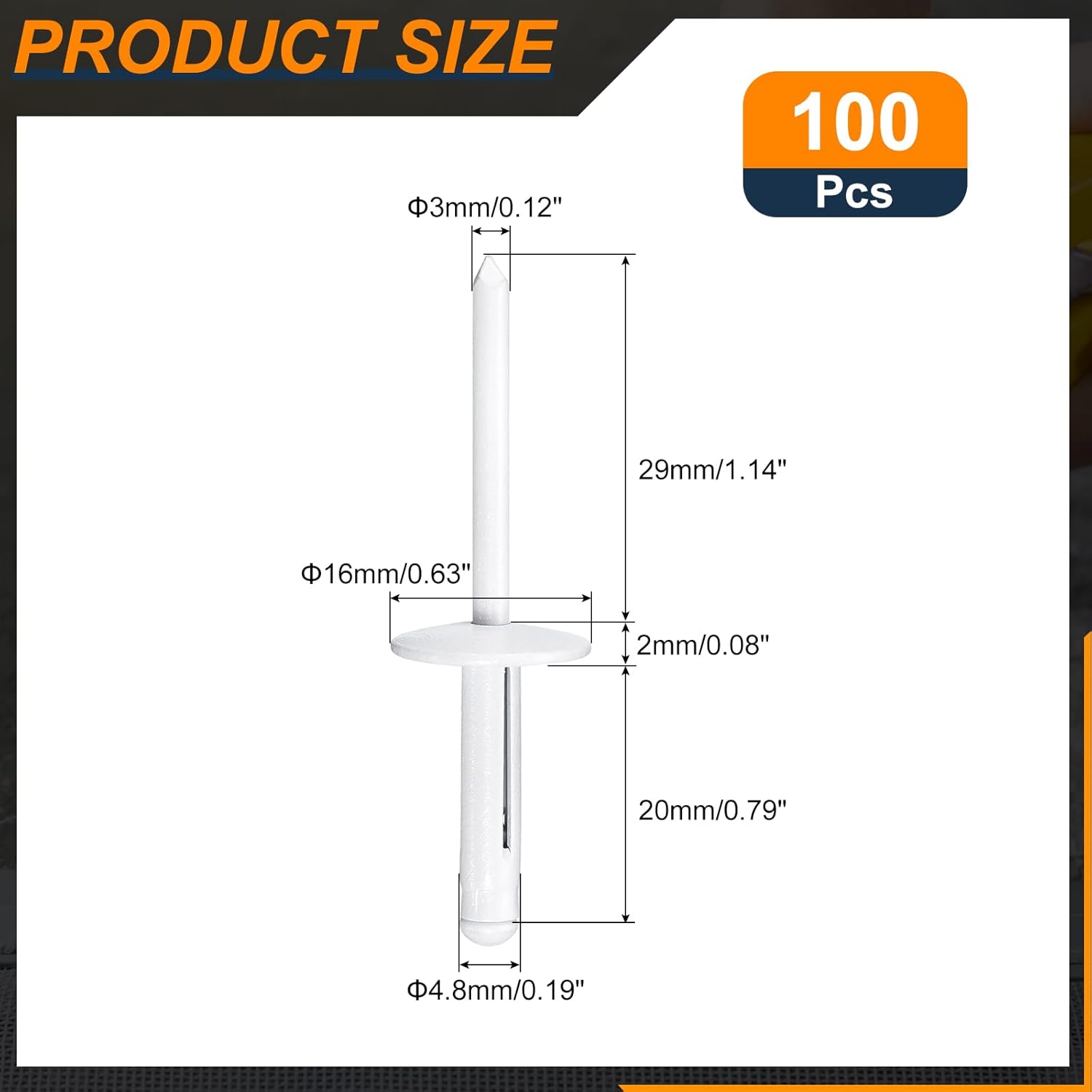 uxcell 100Pcs 3/16"x3/4" Aluminum Large Head Tri Grip Rivets, Large Flange Tri Grip Rivets for DIY, Sheet Metal, Automotive Repairs, Furniture, Marine Boat (White)