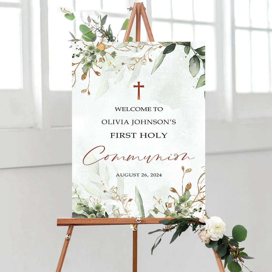 Personalized First Communion Photo Sign, Decoration, Custom Outdoor Plastic Sign Weatherproof, Printed Front & Back Options and Stand Option (Version 5)