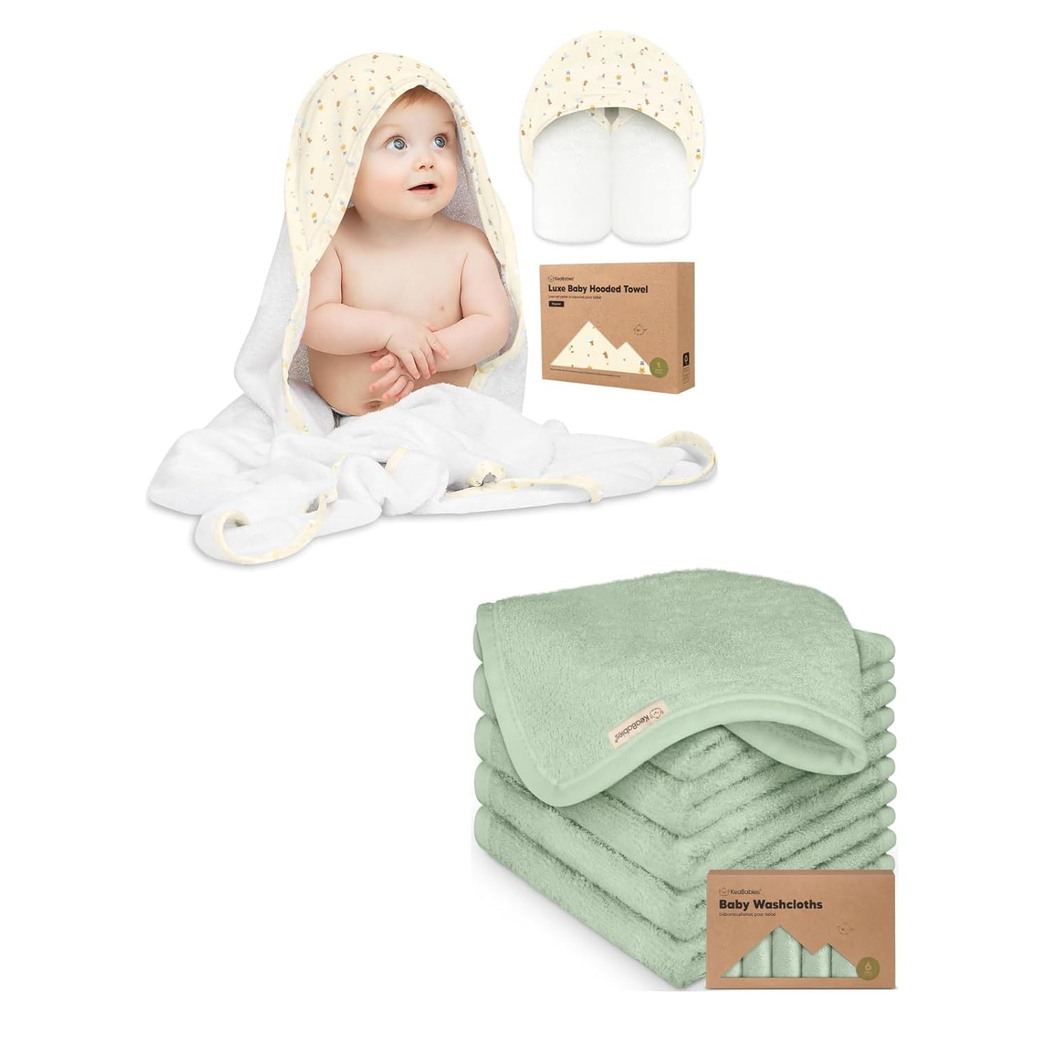 KeaBabies Baby Hooded Towel and Baby Washcloths for Newborn, Kids - Soft Bath Towels with Hood for Toddlers - Soft, Absorbent Infant Bath Cloth and Newborn Face Washcloths