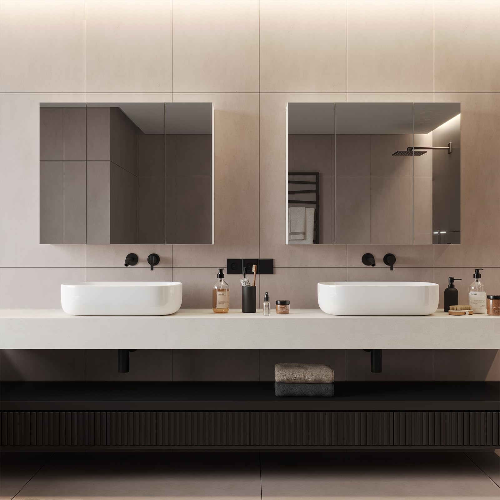 DICTAC Armario de Baño con Espejo 70x60x16cm Armario de Pared con 3 Puertas y Estantes Ajustable Espejo de Pared con Espacio Interno de Almacenamiento, 70cm Armario con Espejo para Baño,Blanco