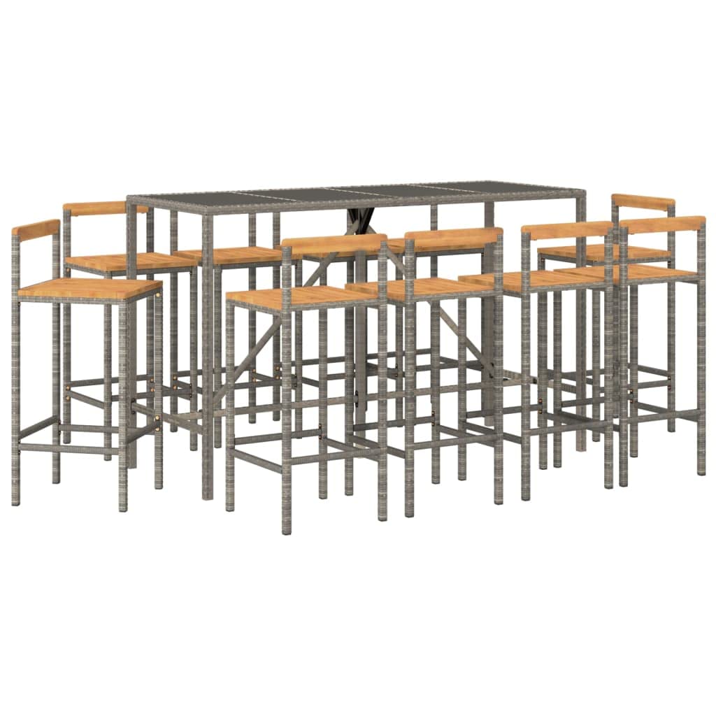 11 TLG. Juego de bar de jardín gris de ratán poli y madera maciza de acacia, juego de muebles de exterior resistente a la intemperie para terraza, balcón y jardín, con 10 taburetes de bar