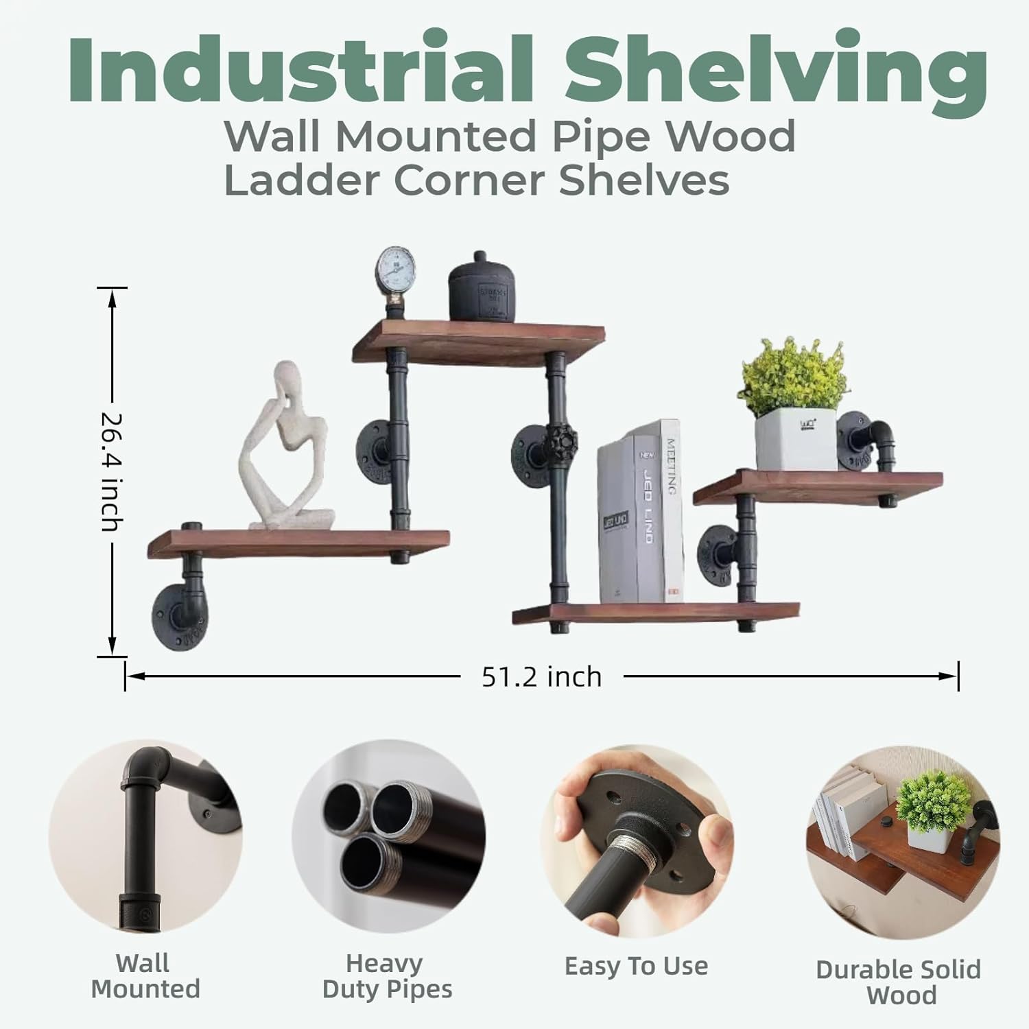 Industrial Rustic Modern Solid Wood Ladder Pipe Wall Mounted Floating Shelves – 4 Tiers Bookshelf,DIY Storage Shelving,Hung Bracket,Bookcases - Image 2