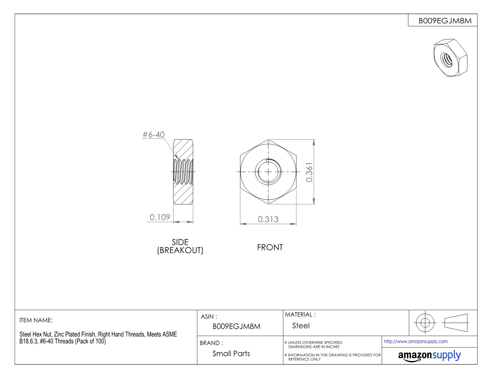 Steel Machine Screw Hex Nut, Zinc Plated Finish, ASME B18