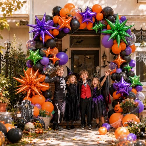 Image of Star Balloons Halloween Balloon Purple Orange Green Explosion Stars Balloon | 22 /18 /10 In Metallic Orange Purple Green Spike Stars Foil Balloon for Halloween Ghost Themed Birthday Gradution Party Decor