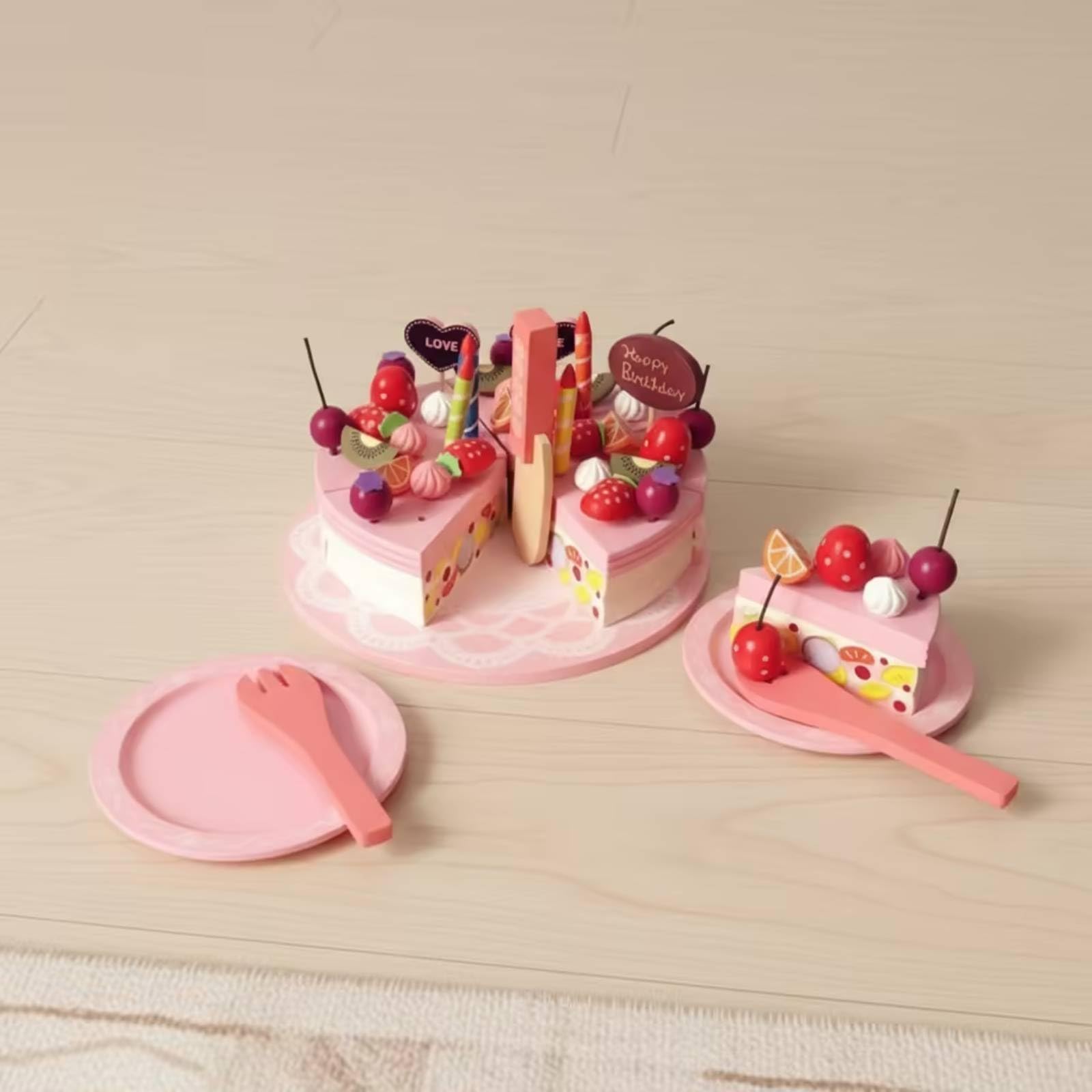 F Fityle Pastel de Cumpleaños de Juguete para Niños con Torta para Cortar Set de Cocina de Madera Platos Cuchillo y Cubiertos Decoraciones de Crema y Frutas