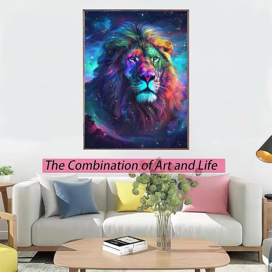 Kit broderie diamant lion 60x80cm avec accessoires pour decoration murale