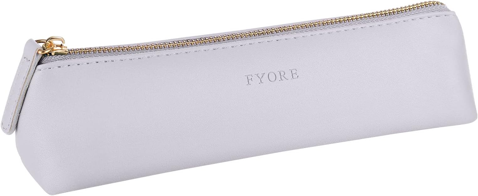 Fyore Luxury PU Leather Pencil Case Slim Design with Metallic Zipper Pocket Size for Pen Make Up Brush (Grey)