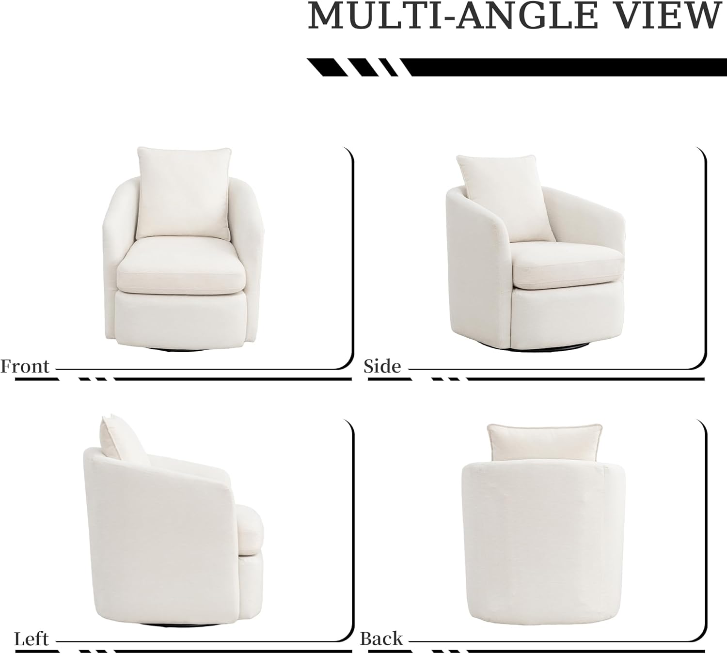 MINCETA Accent Chair, 360° Swivel Barrel Accent Chair with Pillow, Upholstered Club Arm Chair with Metal Base for Living Room, Bedroom, Chenille Fabric, White