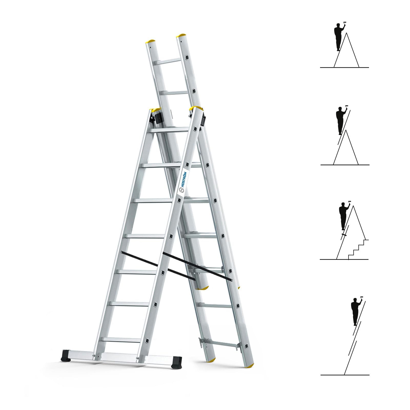 Scala a sfilo a 3 rampe StablePro, gradini 3x7 in alluminio, allungabile, 6 posizioni, altezza massima di lavoro 5,00 m, 5 anni di garanzia, Hostrom
