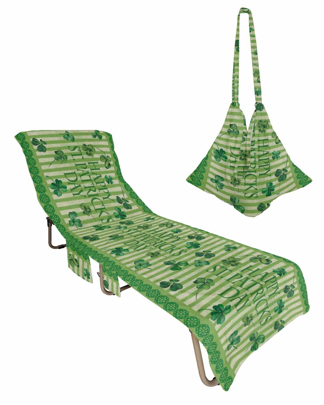 St. Patrick's Day Beach Lounge Chair Towel Cover, Soft Chaise Lounge Towel with Side Pockets Patio Pool Chairs Cover for Beach/Pool Sunbathing 29x85 Green Lucky Clovers Green Striped