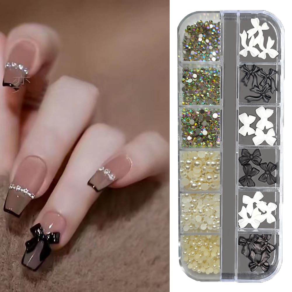 S.A.V.I 12-Grid 3D Black & White Bowknot AB Flatback Rhinestones & Pearls DIY Nail Palette-image-22