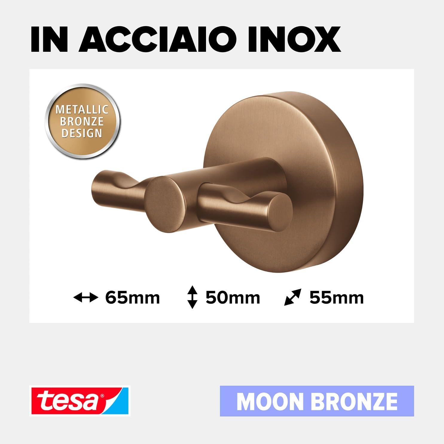 Tesa® MOON Gancio per accappatoio in bronzo spazzolato - Gancio autoadesivo in metallo rivestito in PVD - non richiede foratura, soluzione adesiva inclusa - 50 mm x 65 mm x 53 mm