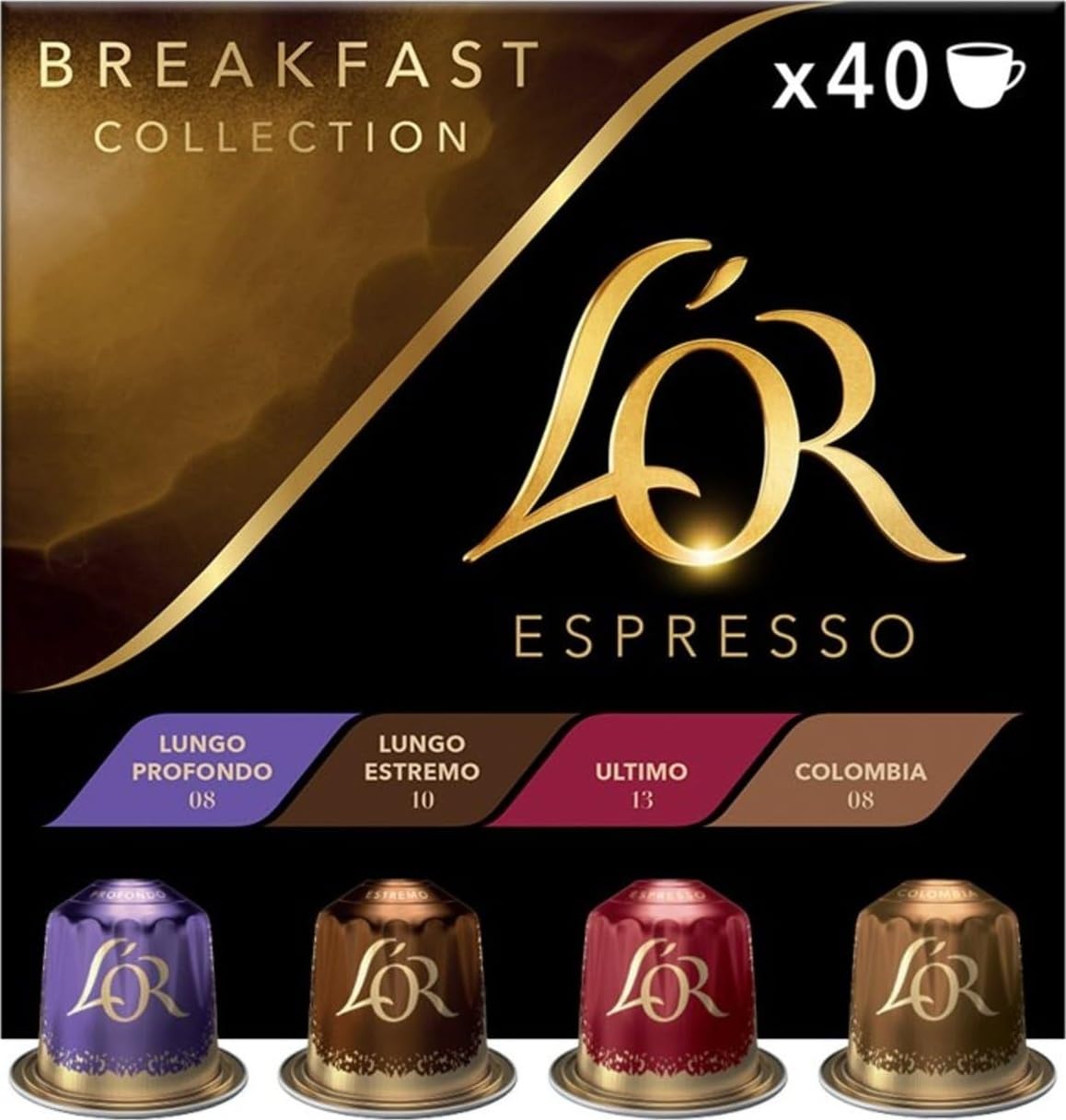 L'OR Espresso Café Colección Desayuno | 40 Cápsulas | Amazon Exclusive | Intensidades 8, 10 y 13, Pack surtido de 4 sabores, Compatible con máquinas Nespresso
