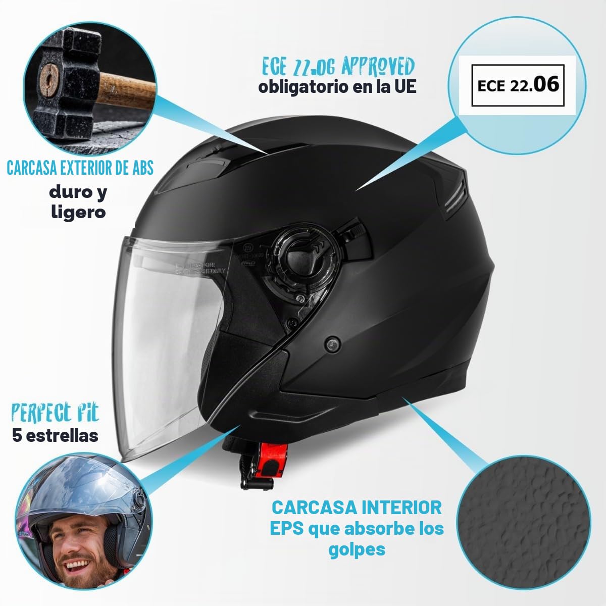 VINZ Calobra Casco Jet con Visera Solar | Casco Scooter & Moto & Ciclomotor | ECE 22.06 Homologado | En Tamaño XS - XXL | para Hombre y Mujer