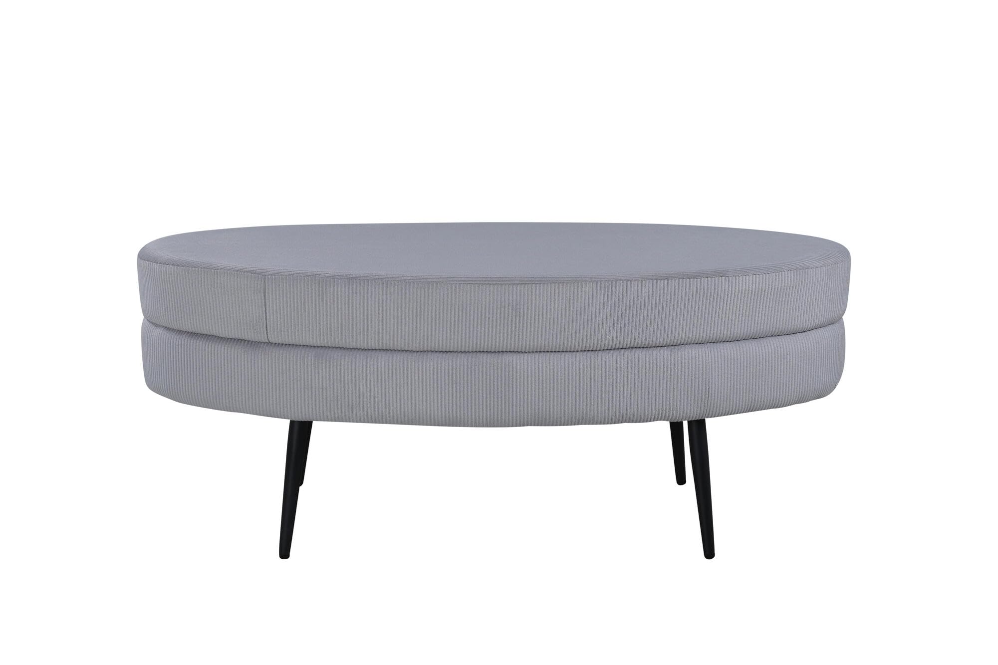 Ottoman, tela textil de pana de poliéster, gris claro, 100 x 40 x 41 cm, ovalada, patas de acero negro, altura del asiento 40 cm