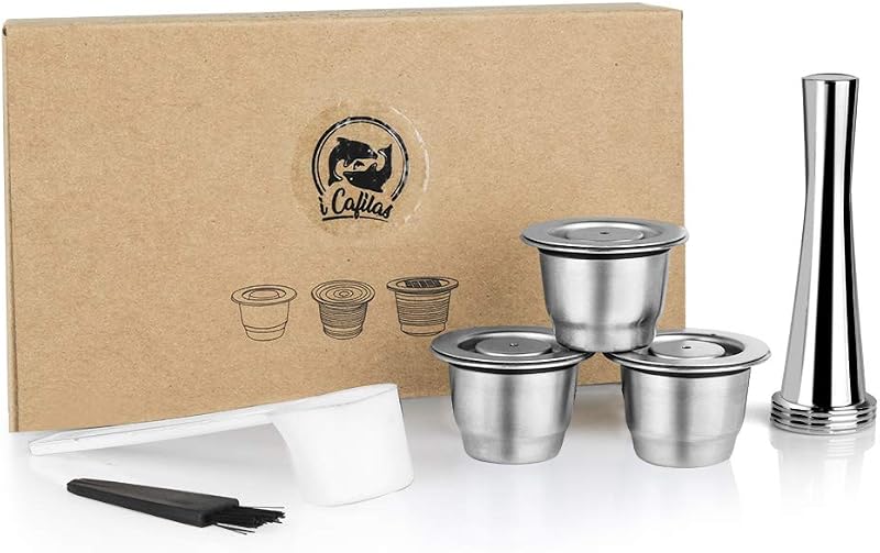 i Cafilas Reusable Coffee Pods Compatible with Nespresso Original Line, Stainless Steel Refillable Espresso Capsules with Tamper, Dishwasher Safe Metal Cups (3 Pods + 1 Tamper)