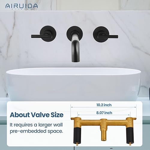 Miniatura 4 de Airuida Grifo de lavabo de baño extendido montado en la pared, grifo mezclador de lavabo de tocador, 2 manijas de palanca, 3 agujeros, caño