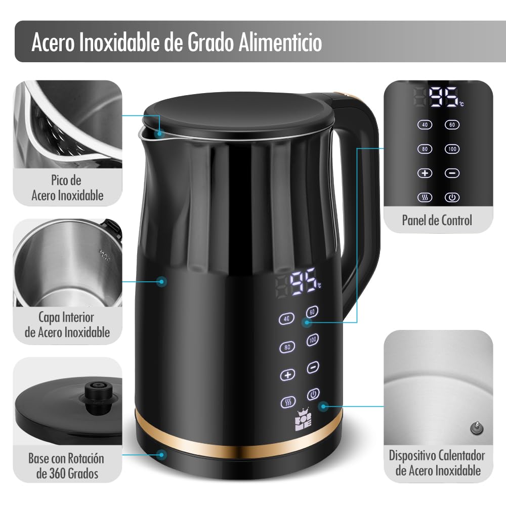 ForMe Hervidor Eléctricos de Acero Inoxidable 1,7 L Selección de Temperatura de 40-100 C LED Indicador Digital de Temperatura I Función de Mantener Caliente Tetera I Cristal Hervidora Libre de BPA