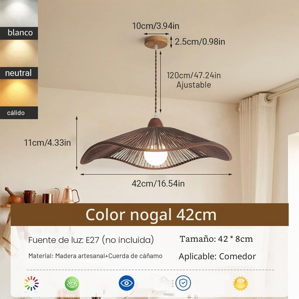 Wabisabi Retro Lámpara Colgante Japonesa Creativa Mano Tejida Cuerda De Cáñamo Lámpara Estilo Bohemio Altura Ajustable Casa De Familia Restaurante Bar Luz Colgante(Walnut color,42cm)