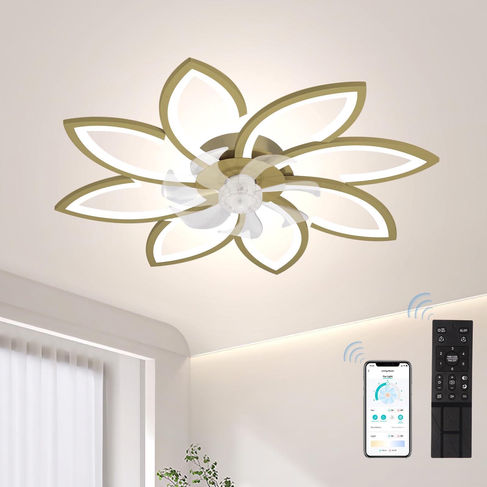 Low Profile Ceiling Fans with Lights and Remote, Decorative Flower Ceiling Fan with 34" Light, Adjustable Fan Speed, Light Brightness, Color Temperature, for Bedroom, Living Room(Gold)