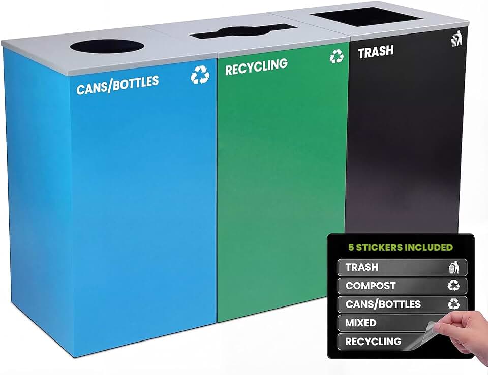 Alpine Indoor Recycling Bin -Commercial Trash Can Recycling Station Combo, Customizable 3 Compartment Metal, Large, Black, Blue, Green Recycle Trash Cans with Lids & Stickers for Office, Mall, Airport