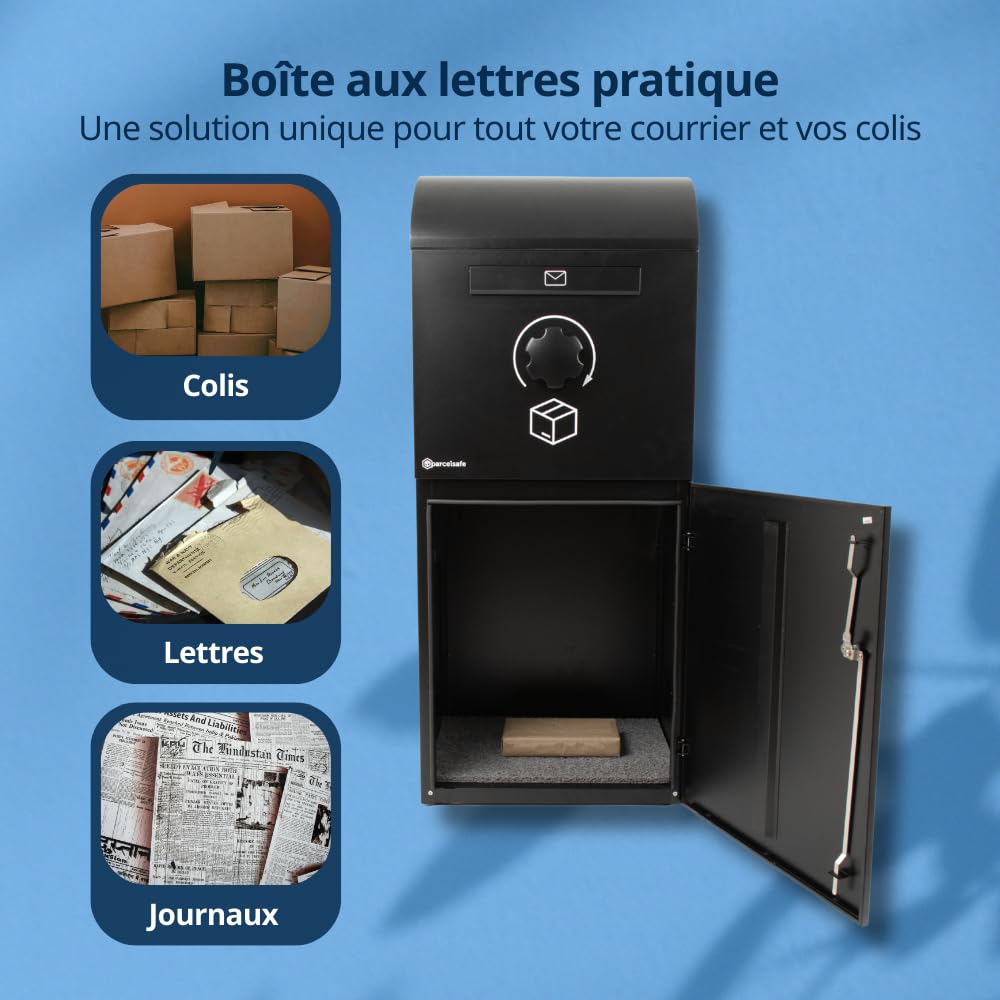 XL Noir - Réception de Colis Sûre et Facile - Boîte à colis et lettres - Colis Perdu - Matériau très robuste - Montage au sol ou au mur - Garantie de 5 Ans - Boîte aux lettres colis