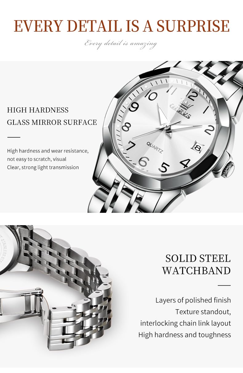 OLEVS Orologio analogico da donna, classico, in acciaio inox, impermeabile, luminoso, con data, due tonalità, facile da leggere