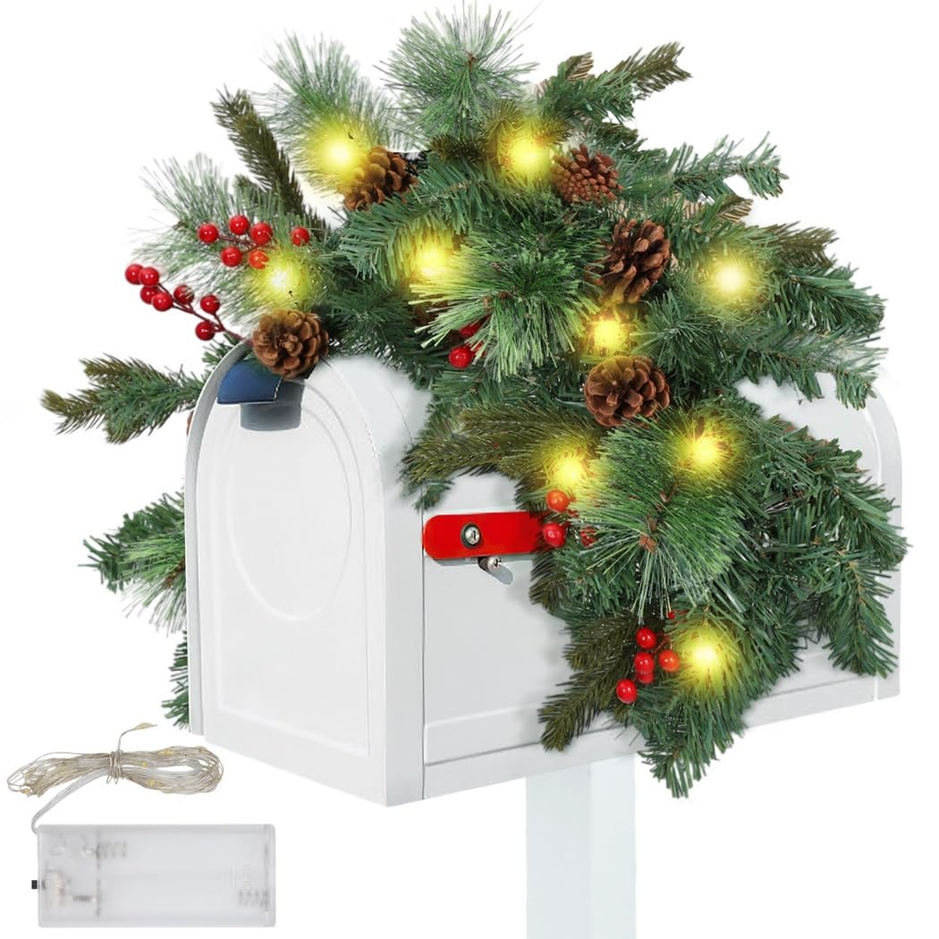 Ghirlanda natalizia a forma di pigna, 88 cm, con 20 LED con stringa di luce da 2 m illuminata, decorazione natalizia con bacche rosse invernali
