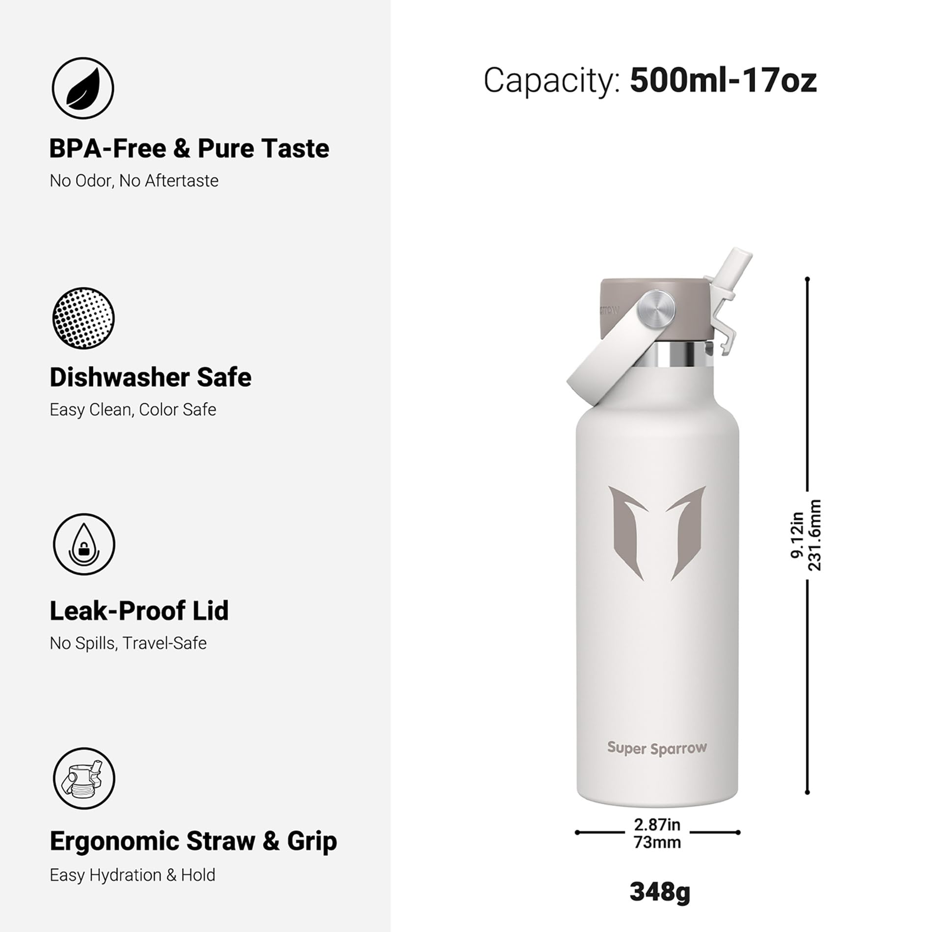 Super Sparrow Borraccia Termica, Acciaio Inox Bottiglia Termica - 350ml, 500ml, 750ml, 1L, 1.2L - Senza BPA Borracce, Borraccia Bambini per Scuola, Sport, Campeggio, Yoga, Palestra, Ciclismo