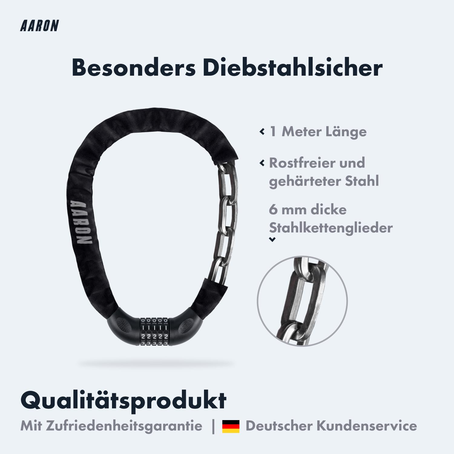 AARON Lock One Fahrradschloss mit 5-stelligem Zahlencode, Kettenschloss aus Stahl und hoher Sicherheitsstufe, Schloss für für E-Bike, Mountainbike, Trekkingrad, Tourenrad, Rennrad in schwarz