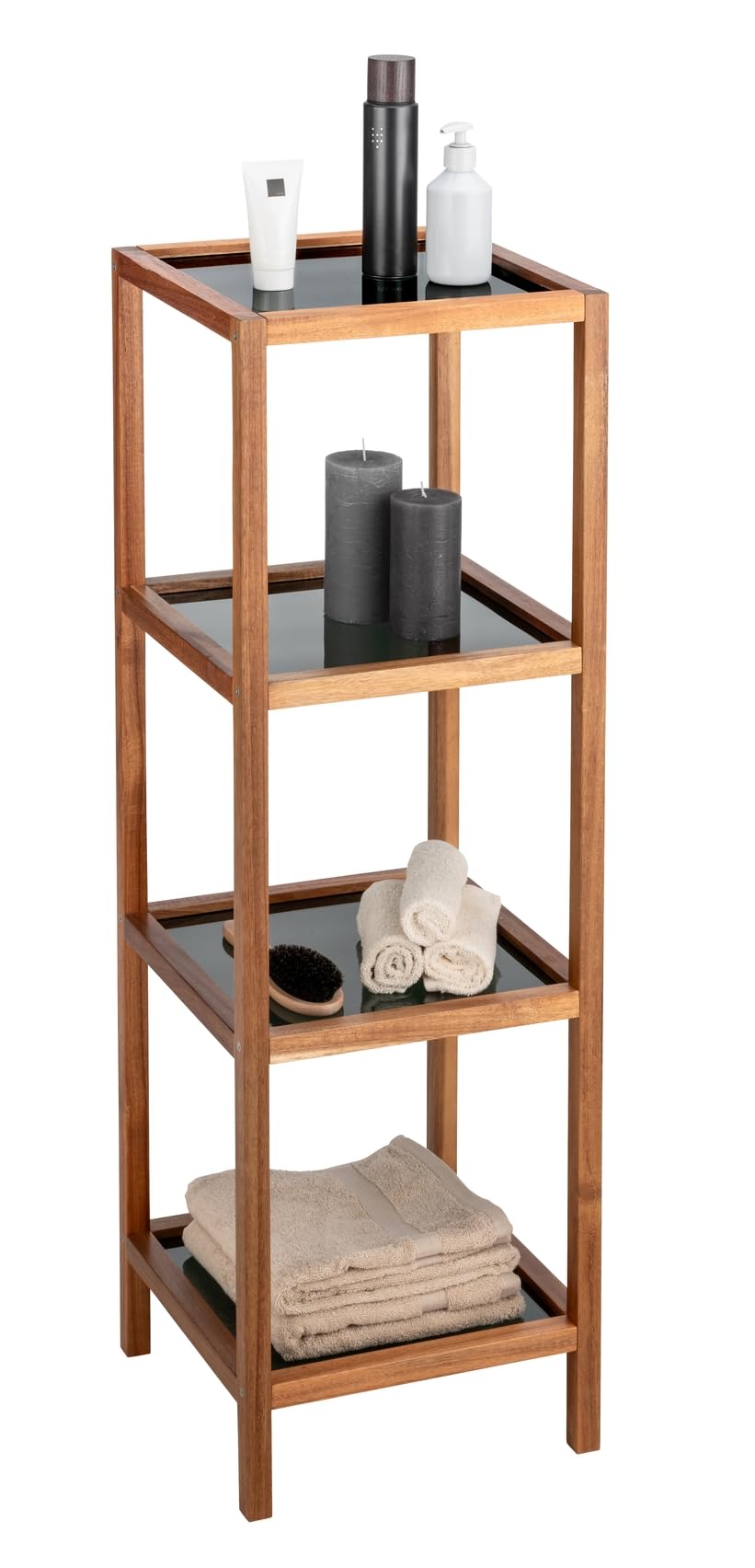 WENKO Fondi - Estantería para baño y salón (Madera de Acacia Maciza, 4 estantes, 36 x 112 x 36 cm), Color Negro